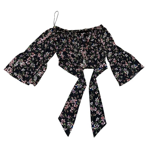 Parker Tie Front Black Floral Print Off the Shoulder Top Bell Sleeves XS Womens - Picture 2 of 5